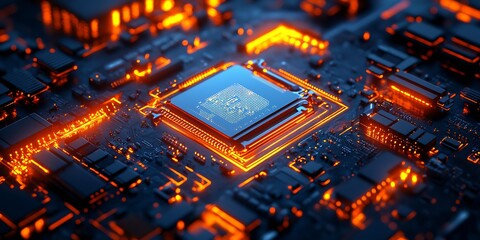 bright orange on dark blue tech motherboard : Generative AI