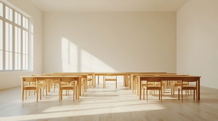 Wall Mural - Empty Modern Classroom In the School Interior, Back to School Concept Book, Chair, table 3D Render.