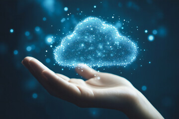 Wall Mural - A person holds a virtual digital cloud in their hands