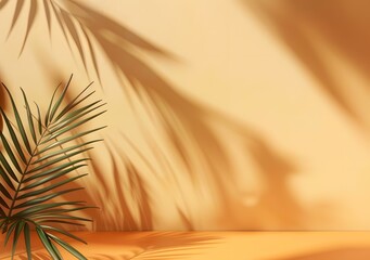 Poster - Tropical Palm Leaf Shadow on Yellow Wall Background