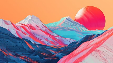 Wall Mural - Abstract Mountain Landscape with Red Sun