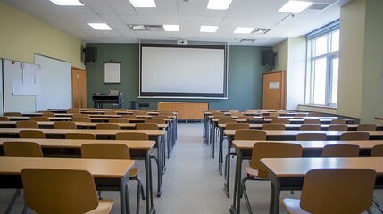 Wall Mural - Empty Modern Classroom In the School Interior, Back to School Concept Book, Chair, table 3D Render.