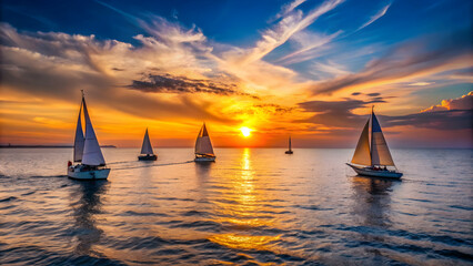 Yachts gliding on the water towards the setting sun on a summer evening, yachts, sailboats, sunset, summer, ocean, sea, horizon