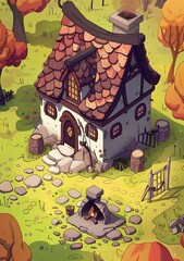 Poster - Cute Cartoon Cottage Illustration with Fire and Trees