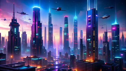 Wall Mural - Futuristic neon cyberpunk cityscape artwork with glowing skyscrapers and flying vehicles, cyberpunk, futuristic, cityscape