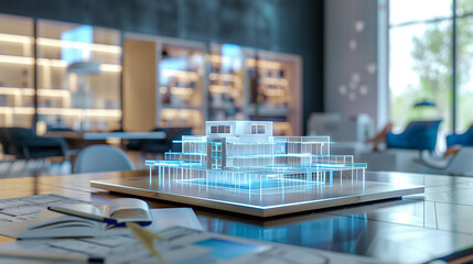 Poster - 3d blue prints of a real estate project virtual hologram on a table in modern office, real estate development business	