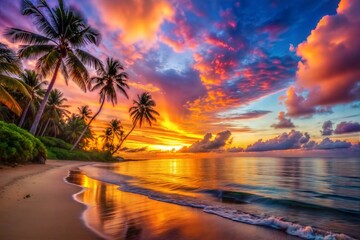 Wall Mural - Stunning tropical sunset over beach with palm trees and ocean