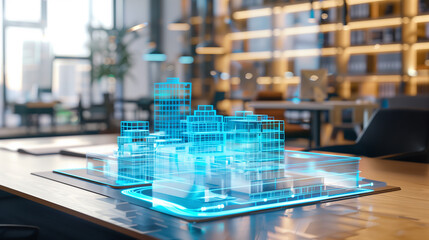 Poster - 3d blue prints of a real estate project virtual hologram on a table in modern office, real estate development business	