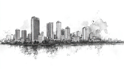 Wall Mural - Cebu City, Philippines, black and white pen pencil hand-drawn effect drawing illustration for travel poster, card, wallpaper, backdrop or banner. Modern, clear, artistic and simple