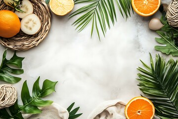 Tropical Fruits and Leaves Flat Lay