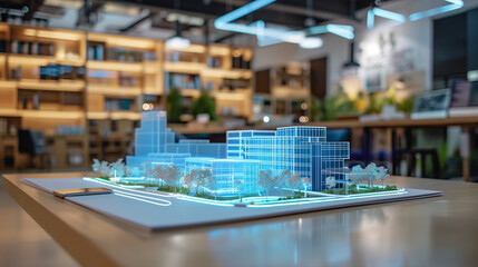 Poster - 3d blue prints of a real estate project virtual hologram on a table in modern office, real estate development business	