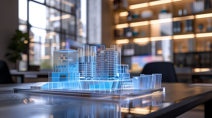 Poster - 3d blue prints of a real estate project virtual hologram on a table in modern office, real estate development business	