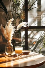 Wall Mural - Sunlight Through Window With Dried Pampas Grass and Candle on Table