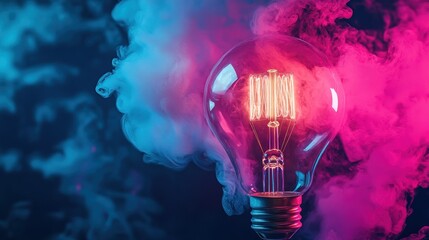 Wall Mural - A vintage lightbulb glowing with a warm, orange light, surrounded by abstract blue and pink smoke.