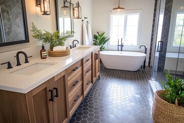 Poster - Modern bathroom design with a double vanity, freestanding bathtub, and contrasting black and white elements creating a tranquil atmosphere