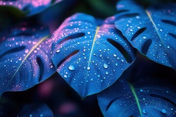 Wall Mural - vibrant tropical leaves dramatically lit with neon blue and green creating surreal jungle atmosphere water droplets glistening on foliage surfaces