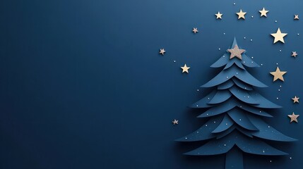 Wall Mural - minimalistic, elegant Christmas background, cut-out chirstmas tree on blue background with stars transparent background