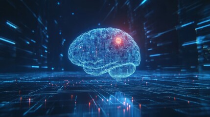 Poster - Digital brain with circuits and glowing nodes in a futuristic tech environment. Artificial intelligence and data technology.