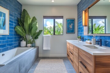 Poster - Coastal bathroom remodel in Hawaii featuring blue tile walls, medium wood cabinets, and a freestanding vanity with quartz countertops