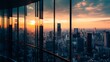 Cityscape Viewed Through Window at Sunset