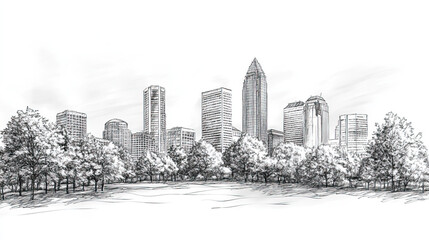 Charlotte, Carolina, black and white pen pencil hand-drawn effect drawing illustration for travel poster, card, wallpaper, backdrop or banner. Modern, clear, artistic and simple