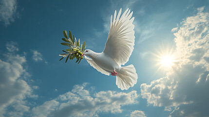 Peaceful dove flying with olive branch against a bright sky