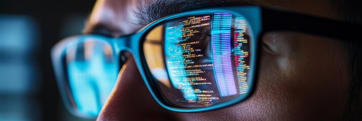 Poster - Close-up of glasses with code reflected in them, programmer intensely looking at the screen. Concept of coding and software development.