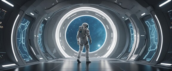 Astronaut walks through futuristic portal on a sci fi background, illustration, banner, wall paper design