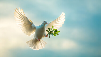 Wall Mural - White dove soaring with olive branch against serene sky