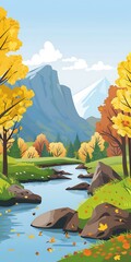 Wall Mural - Autumn Landscape Illustration with Mountains, River and Trees