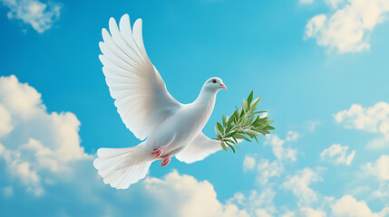 Wall Mural - Peaceful dove flying with olive branch against blue sky