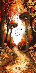 Wall Mural - Autumn Forest Path with Mushrooms and Flying Birds