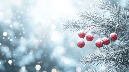 Wall Mural - a high-key image of a winter wonderland scene, fir branches with red balls captured in soft focus, t