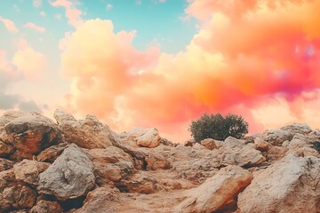 Canvas Print - Orange Sky and Rocks Landscape