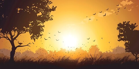 Silhouette Landscape With Birds Flying In The Sunset