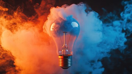 Wall Mural - Light bulb with orange and blue smoke around it.
