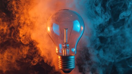 Wall Mural - A lightbulb in the middle of orange and blue smoke.