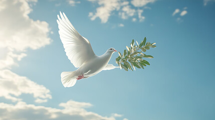 Wall Mural - White dove soaring with olive branch against blue sky