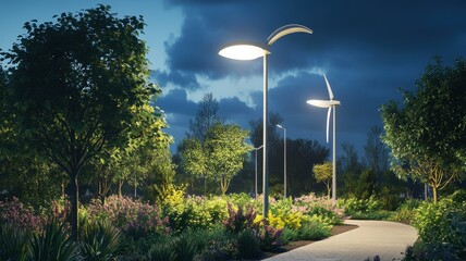 A peaceful park scene at night featuring illuminated paths, lush greenery, and wind turbines against a twilight sky.