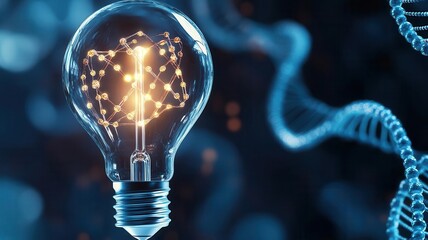 Light bulb with glowing DNA structure inside, representing innovation and scientific breakthrough.