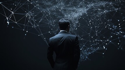 Poster - Businessman standing in front of a digital network, showcasing the concept of global connections and technology.