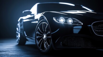 Wall Mural - a black car with its headlights on.