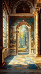 Wall Mural - Sunbeams Pouring Through Archway In Palace Hall With Fresco Paintings