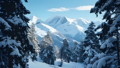 Wall Mural - Tranquil winter landscape featuring snow-draped trees, majestic mountains, and a pristine blue sky backdrop