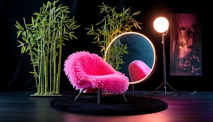 Wall Mural - Neon Graffiti Oasis: Vibrant Pink Chair, Black Bamboo, and Chic Photo Corner with Illuminated Floor-Length Mirror