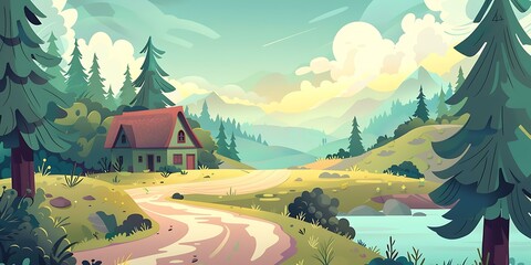 Wall Mural - Beautiful Green Hills With Mountains And A Small House