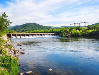 A serene view of a dam, flowing water, and lush greenery under a bright blue sky, surrounded by rolling hills.