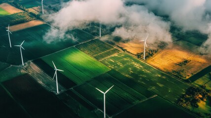 Wall Mural - Aerial view of green fields with wind turbines under a cloudy sky, showcasing renewable energy and agricultural landscapes.