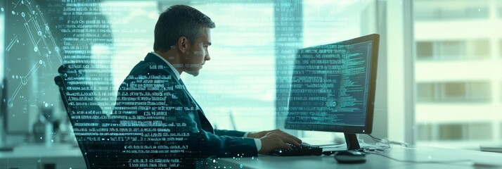 Poster - Professional man typing on a desktop surrounded by digital code, focusing on programming and cybersecurity.