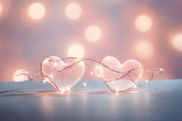 Poster - A romantic tableau of two heart-shaped string lights intertwined, symbolizing the union of two hearts, against a soft, dreamy background